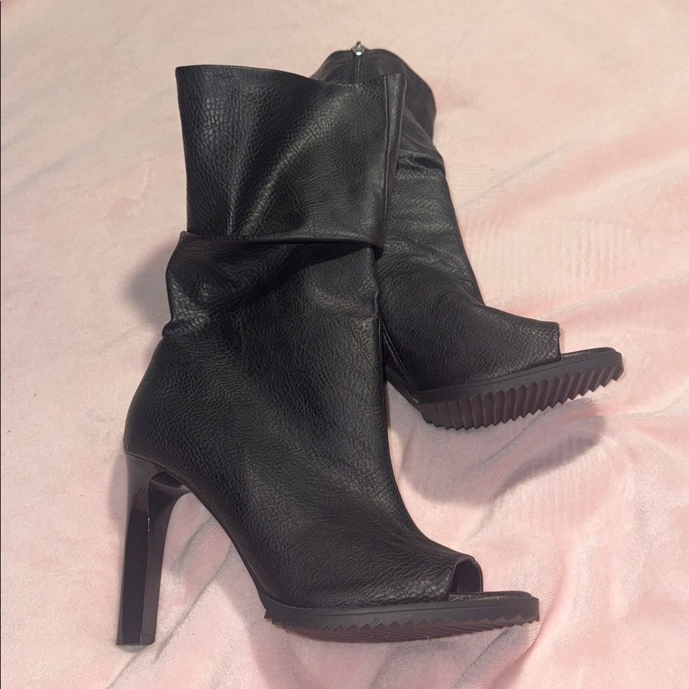DKNY Black Leather Peep-Toe Mid-Calf Wedge Boots
